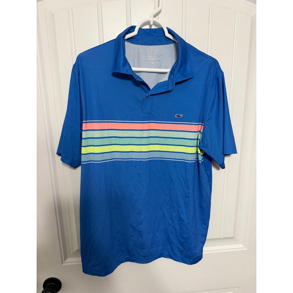 Vineyard Vines Polo Shirt Mens M Performance Striped Blue Short Sleeve EUC